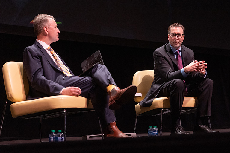 IU CIO Rob Lowden moderates a Q&A with Dave O'Guinn, vice provost for student affairs and dean of students at IU Bloomington.