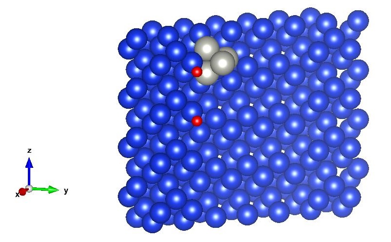 After spillover from Pd cluster: split hydrogen forms bond with low valencesilicon located at alternate nearby surface locations; sideview.