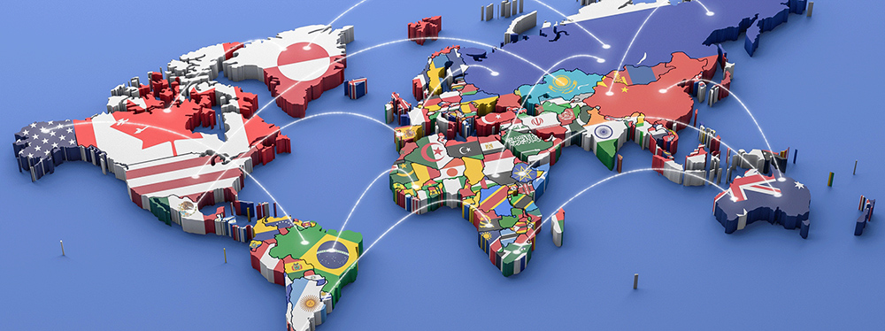 World map with connection points and flags representing countries