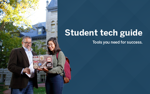 Two people on left looking at a laptop with text on the right: Student tech guide, tools you need for success.