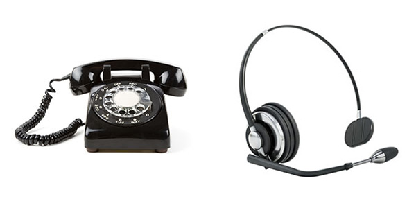 Rotary phone next to a modern headset