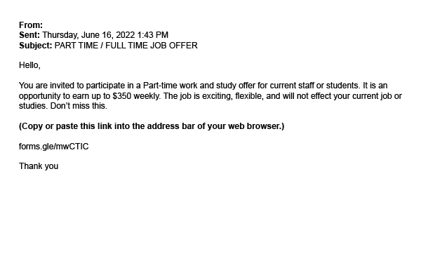 Phishing scam offers part-time work as trick to get your data.