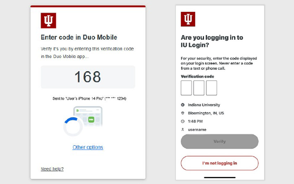 Duo Verified Push will show a three-digit number shown on left. Staff then enter those numbers into their device shown on right.