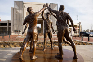 The Spirit of Indiana, a 4,830-pound bronze sculpture created by Dora Natella, stands in Miller Plaza outside of Memorial Stadium on the ...