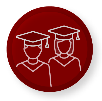 An outline of students on a red background