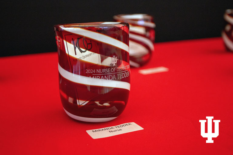A red and white glass award on a table