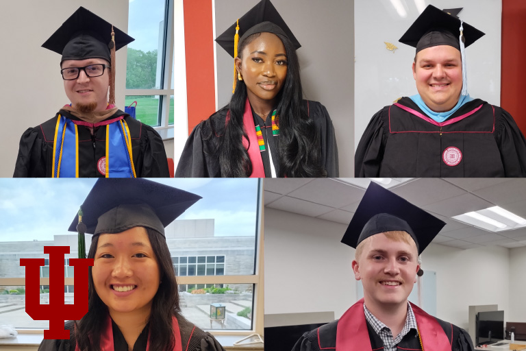 A graphic grid of individual pictures of two women and three men