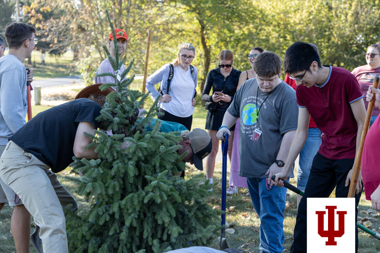 A group of students plant a tree