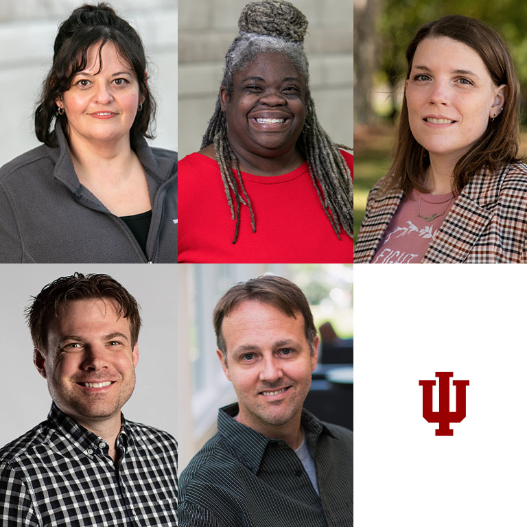 A grid with individual photos of three women and two men
