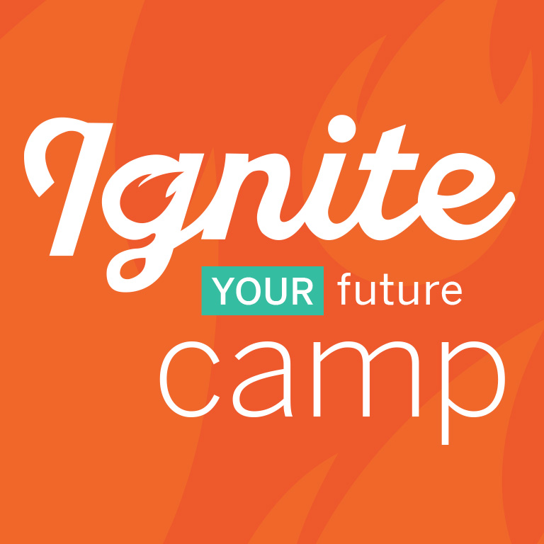 An orange background with the words Ignite Your future camp