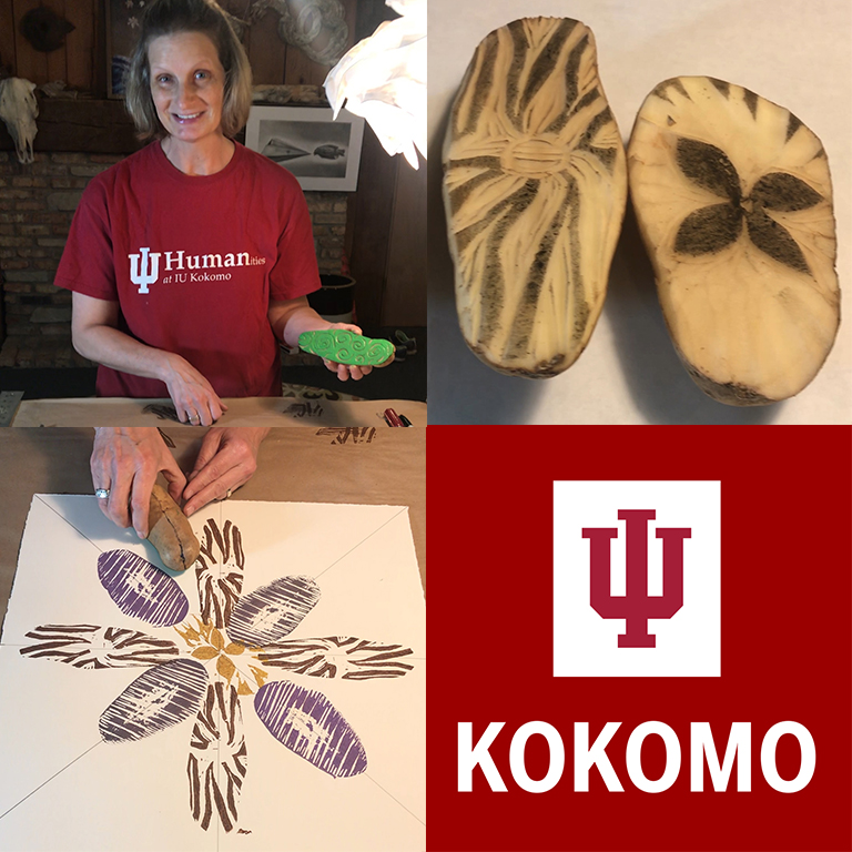 A grid of four images including a woman in a red shirt and a potato that has been carved and inked to make prints