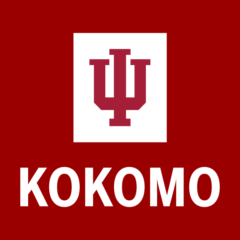 A red IU trident in a white box on a red background