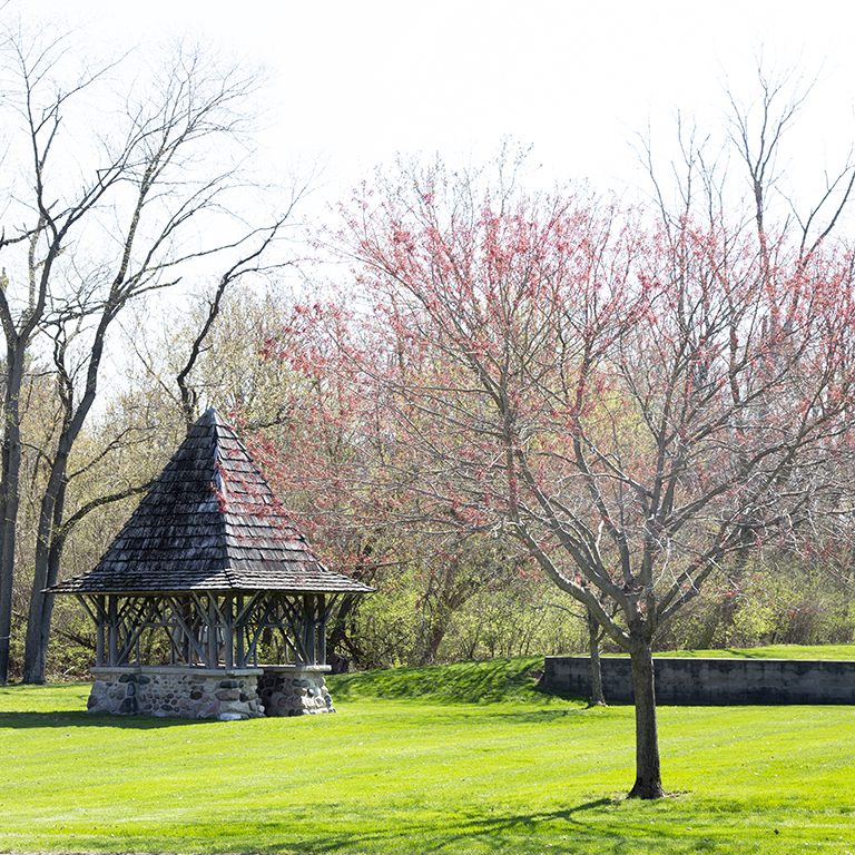 A well house among trees