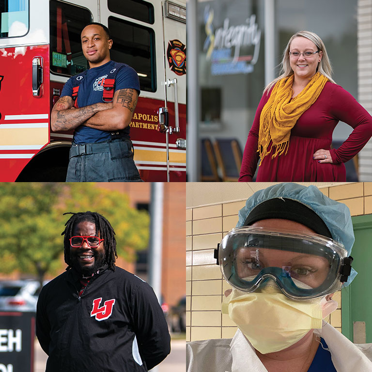 A photo illustration with portraits of four people