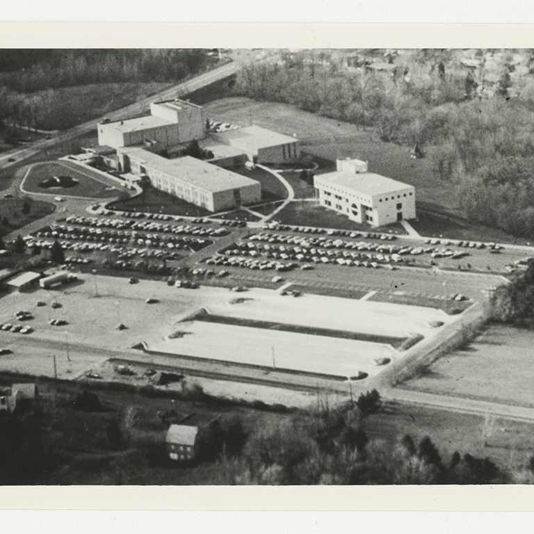 A black and white overhead shot of IU Kokomo campus
