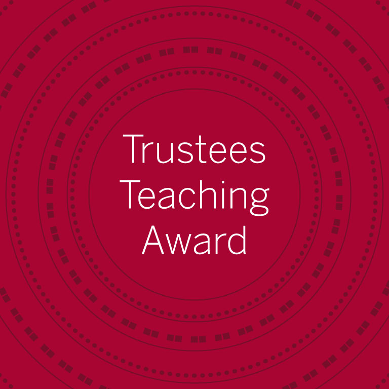Red background with the words trustees teaching awards in white