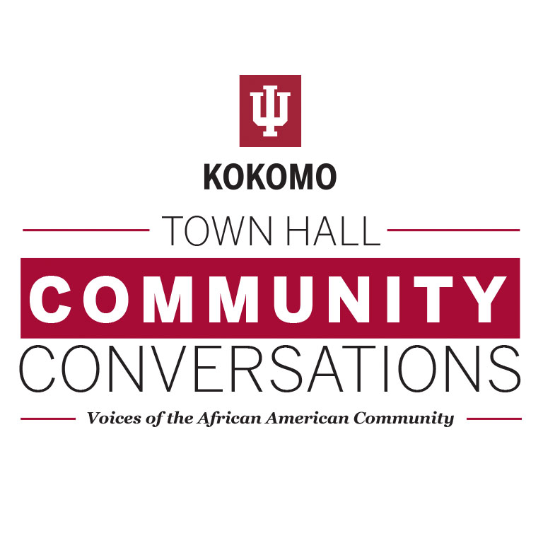 A red IU trident with the words Town Hall Community Conversations