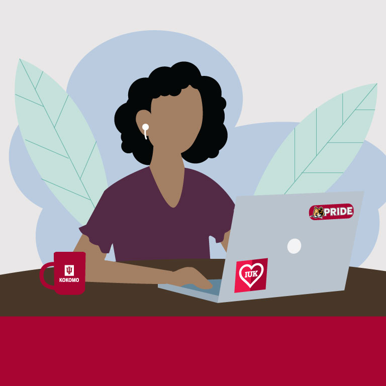 A cartoon woman sits at a laptop