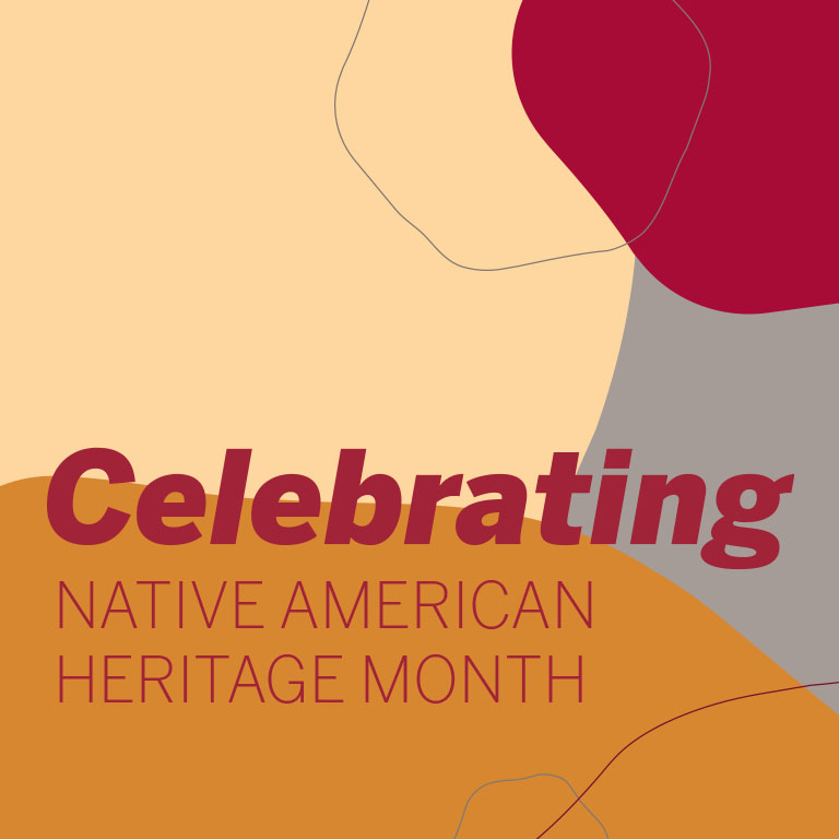 A beige, red, and gray background with the words celebrating native american heritage month