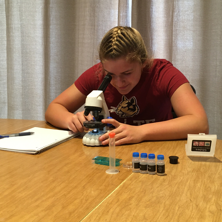 A woman looks into a microscope