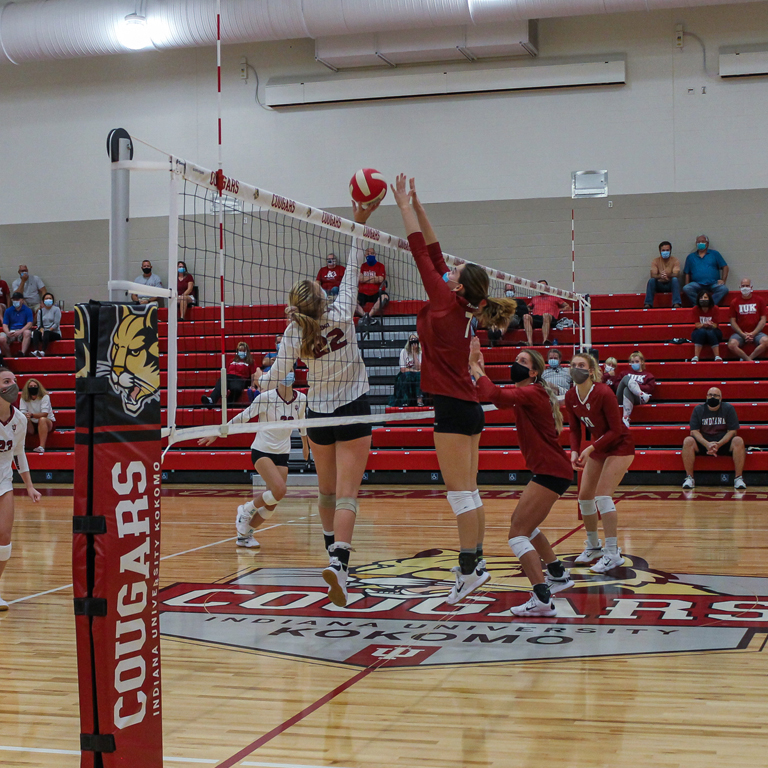 Two women reach for a volleyball over a net