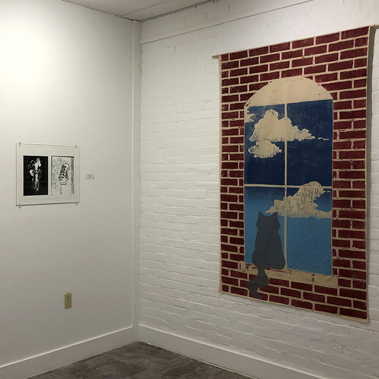 A painting of a cat looking out a window