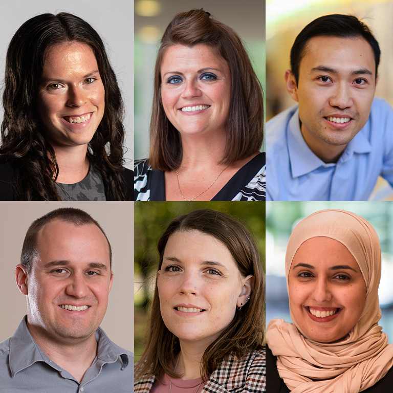 A grid with portraits of two men and four women