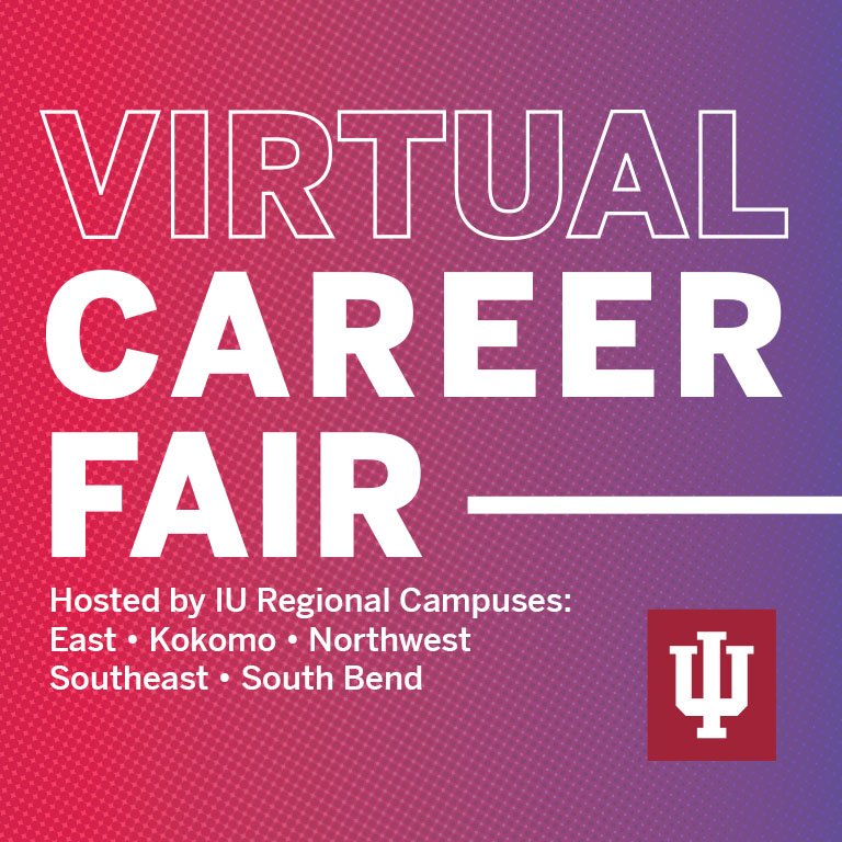 The words virtual career fair on a gradient red to purple background