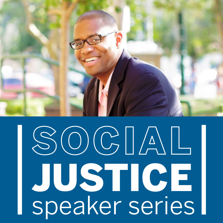 A portrait of a man over the world social justice speaker series