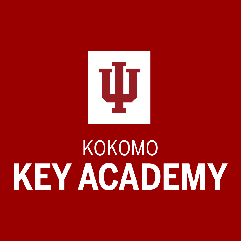 IU logo with the words Key Academy on a red background