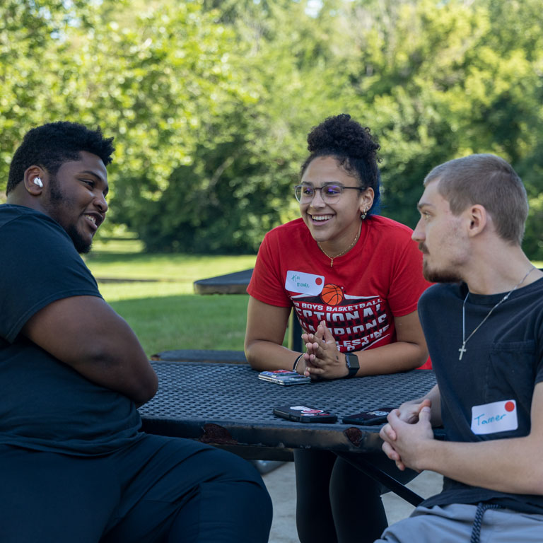 Two men and one women interact at a picnic table