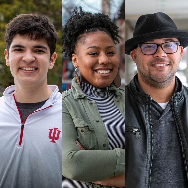 A grid with images of two men and one woman