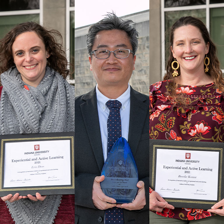 grid of three portraits of two women and one man