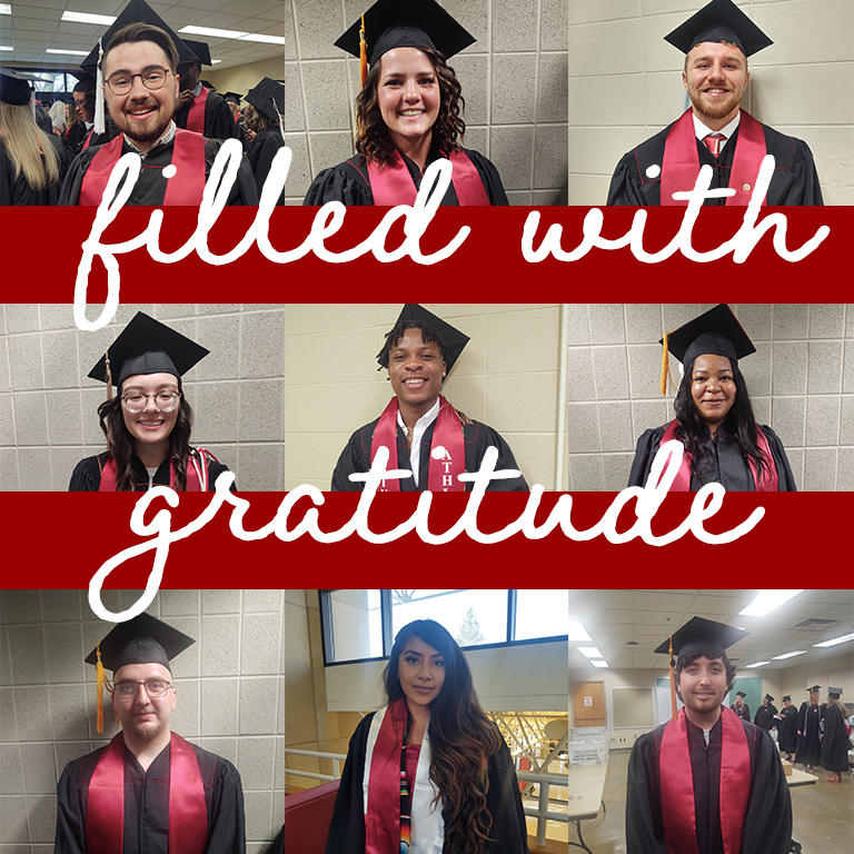 A grid with nine graduates with the words filled with gratitude