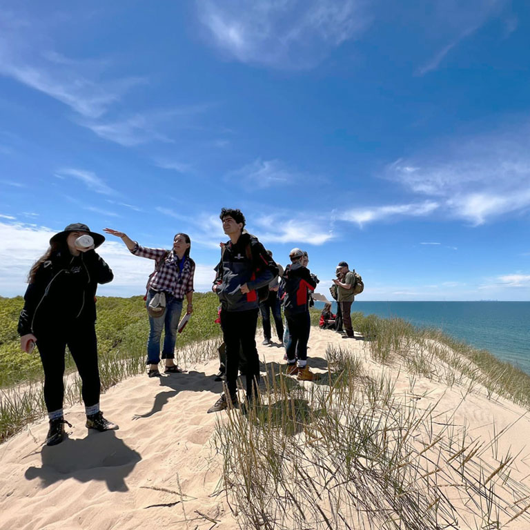 A group of people stand at the top of a sand dune