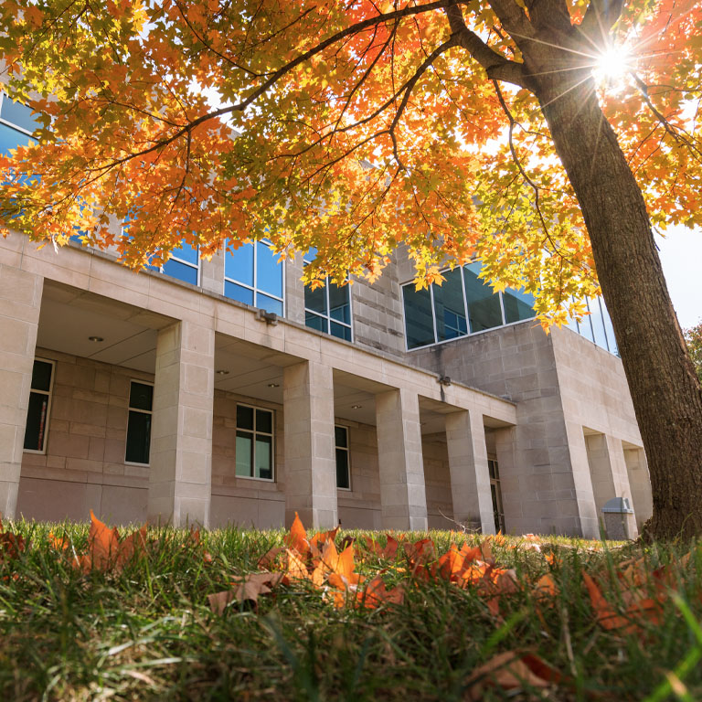 A limestone building with fall leaves