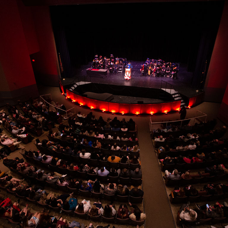 An overhead shot of a stage and audience