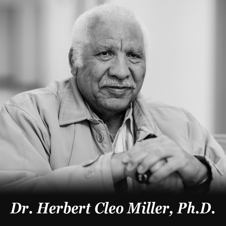 Black and white portrait of a man with the words Dr. Herbert Cleo Miller on a black banner