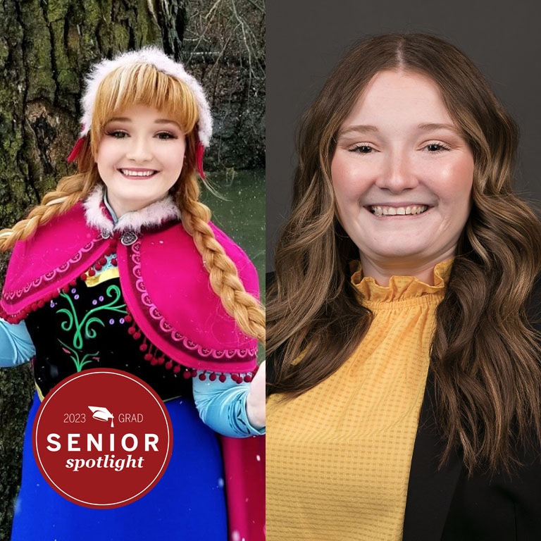 Side by side portraits of a woman in a princess costume and in business professional attire