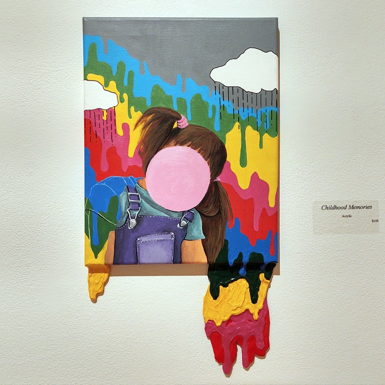 A painting of a girl blowing a bubble with pink gum.