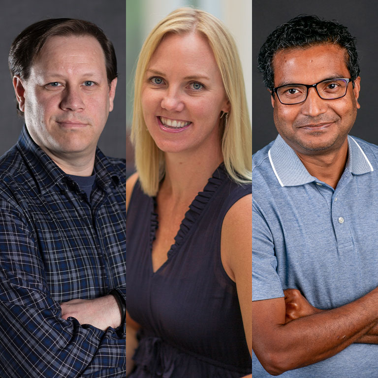 Graphic with image of two men and one woman