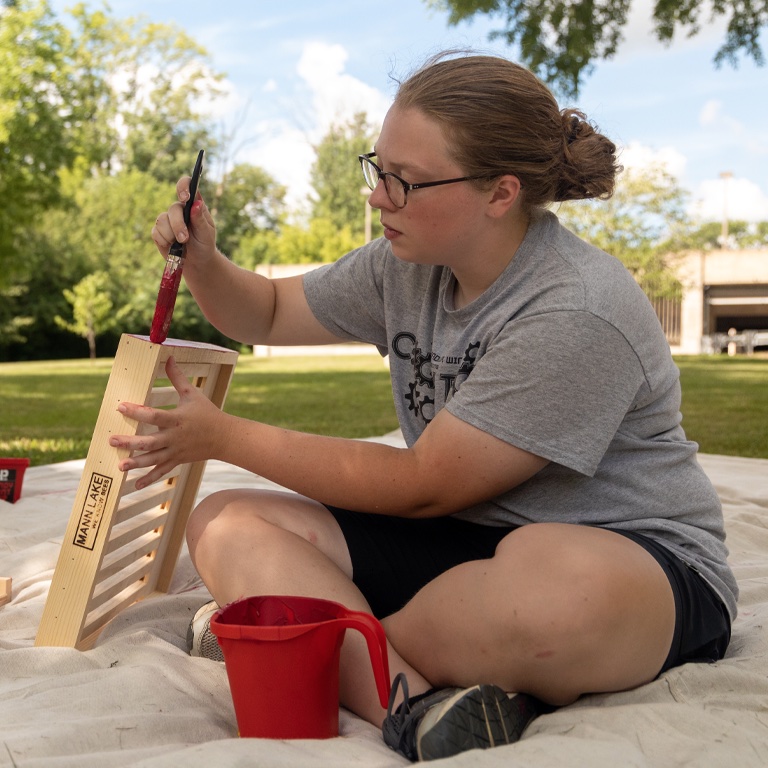 A woman paints a bee frame.