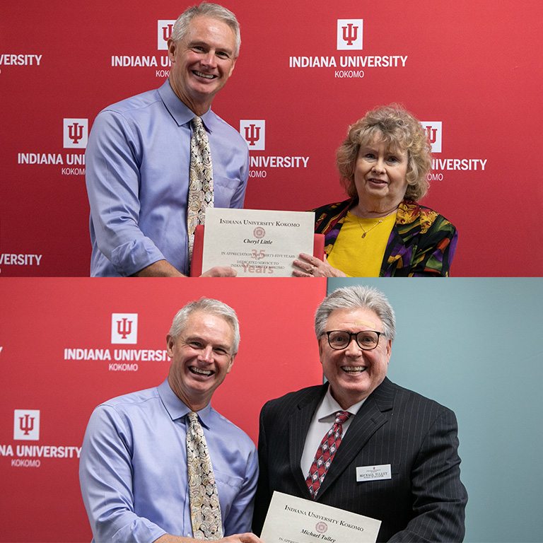 Two images of a man giving certificates to a man and a woman
