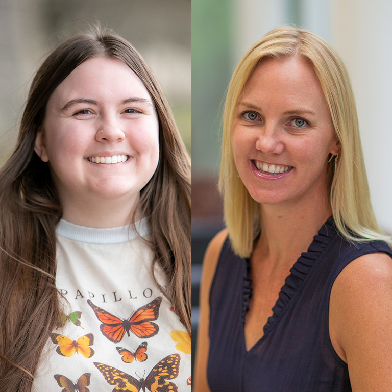Two women pose for portraits