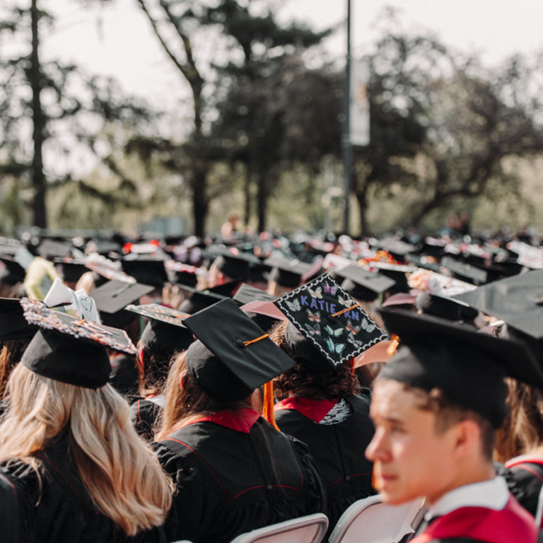 A group of graduating students are seen from behind