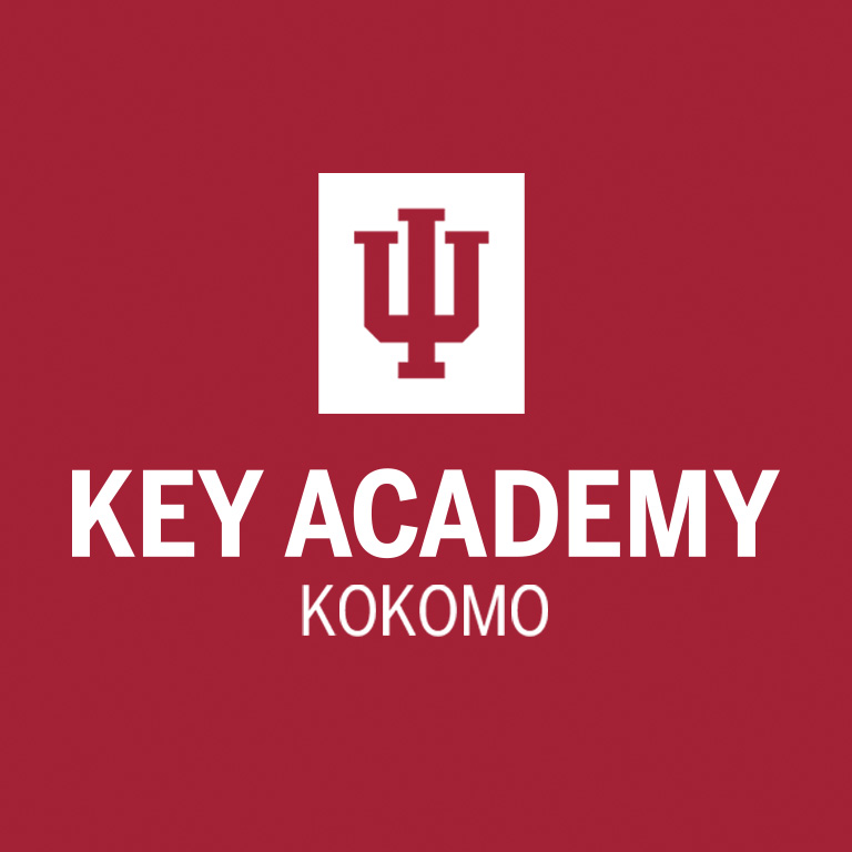 IU trident with words KEY Academy against a red background