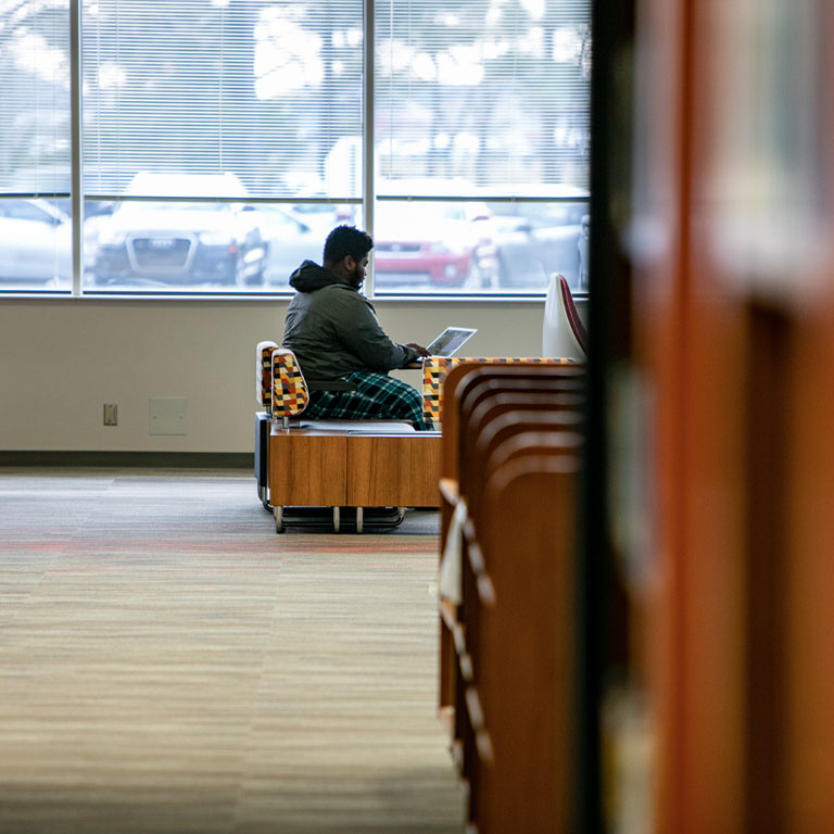 A man works at a laptop in a library.