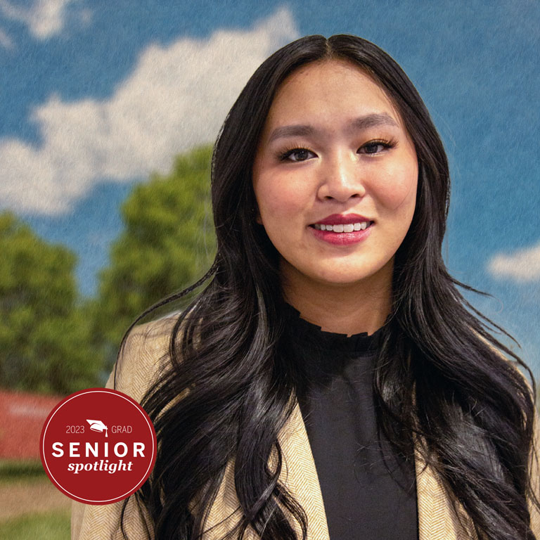 A photo illustration of a woman in front of an IU Kokomo sign