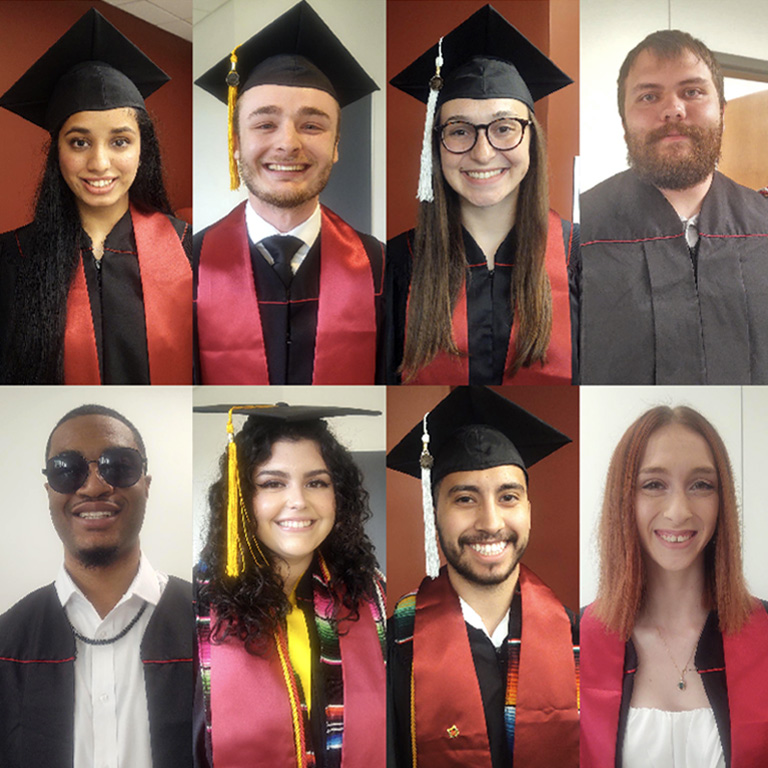 A grid of two rows, featuring four people in caps and gowns in each row