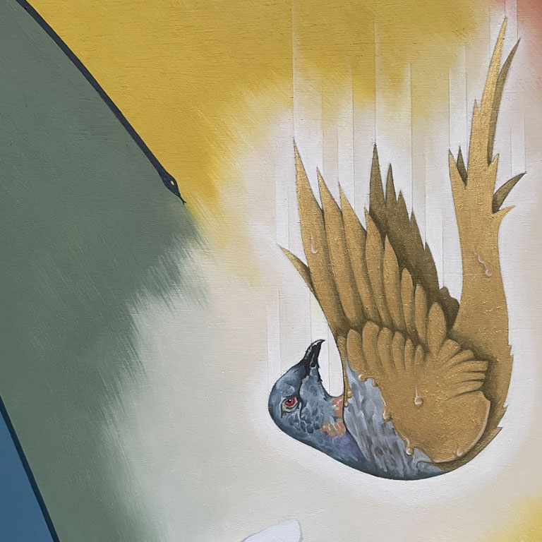 A painting of a bird falling